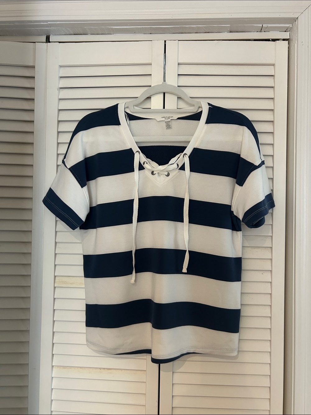 Cable & Gauge Navy and White Lace-Up Stripe Tee